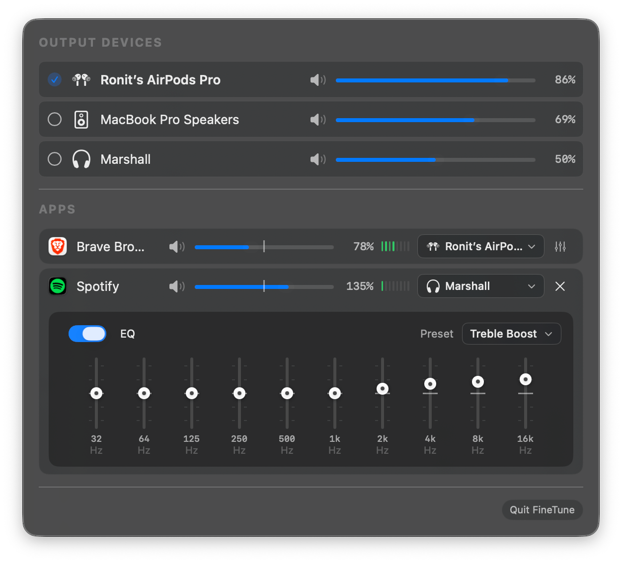 「FineTune」macOS 原生级应用音量独立控制与音频路由工具