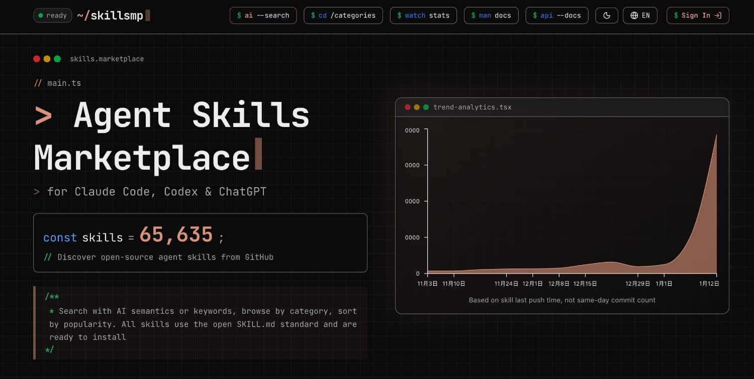 「SkillsMP」一个Agent Skills市场，支持 Claude Code, Codex & ChatGPT