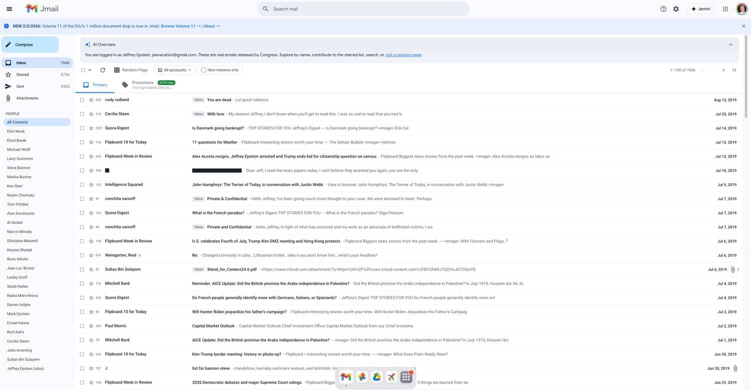 「JMail」像查阅自己的邮件一样浏览爱泼斯坦文件，像素级逼真的 Gmail 邮箱界面