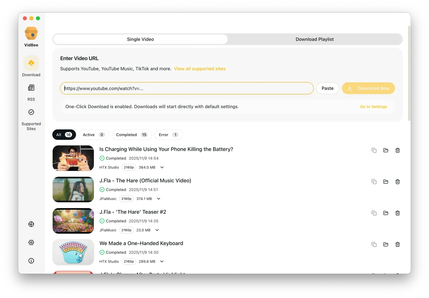 「VidBee」全能开源视频下载神器，支持全球 1000+ 平台，还支持 RSS