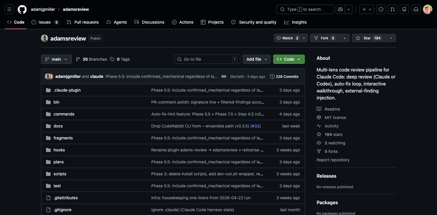 「adamsreview」把代码审查做成多阶段流水线：多视角发现、验证、自动修复再复审