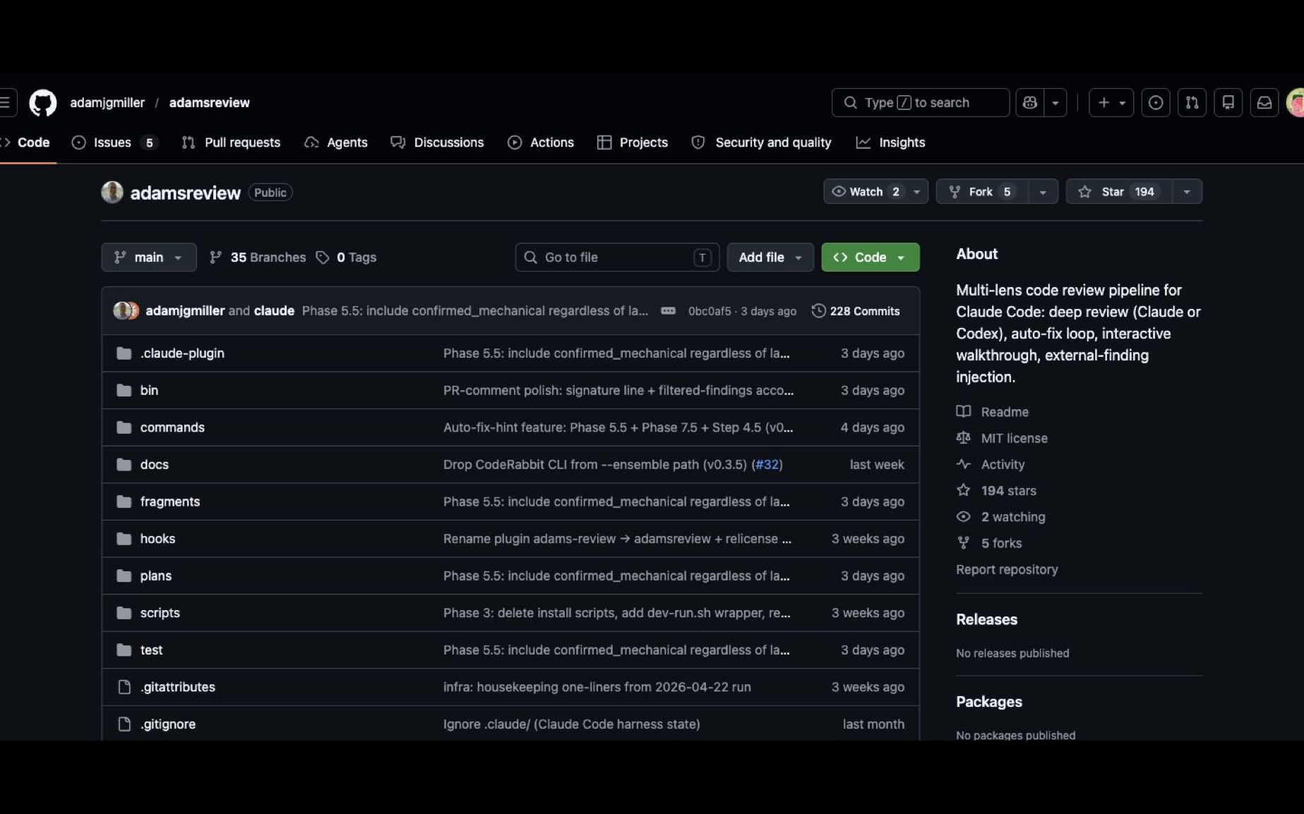 「adamsreview」把代码审查做成多阶段流水线：多视角发现、验证、自动修复再复审