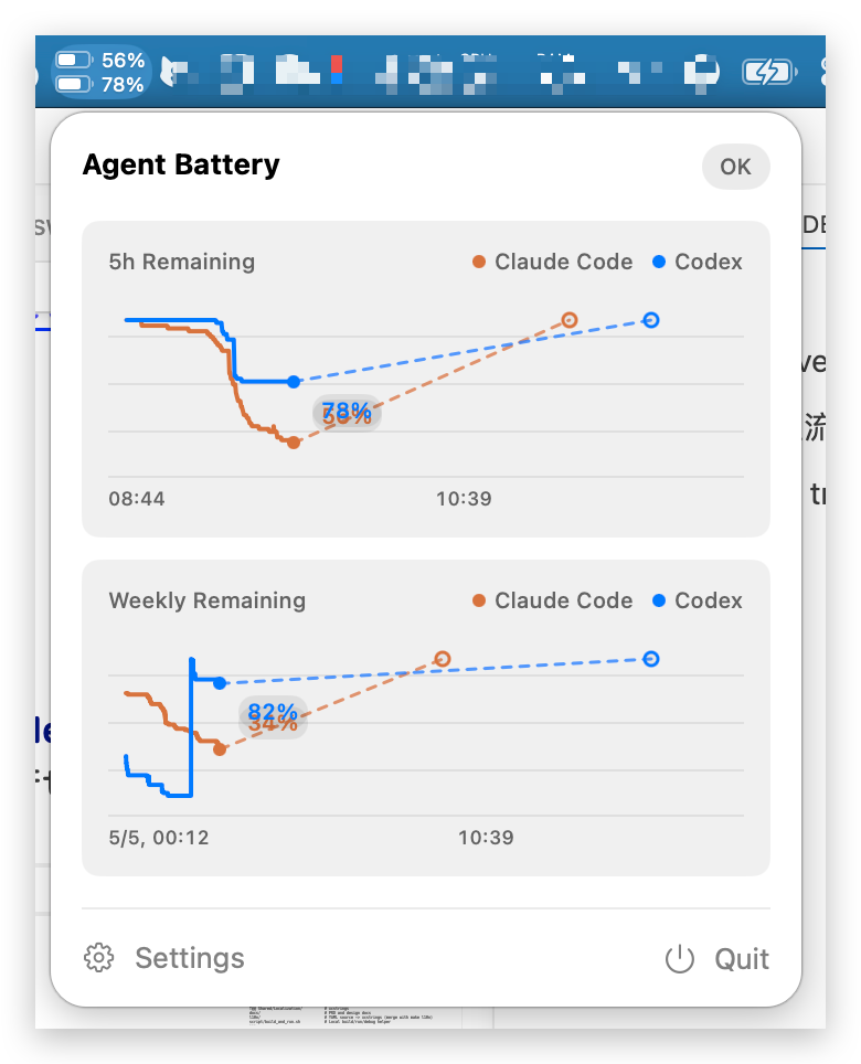 Agent Battery 的 macOS 菜单栏弹窗，展示 Claude Code 和 Codex 的 5 小时与周额度剩余曲线