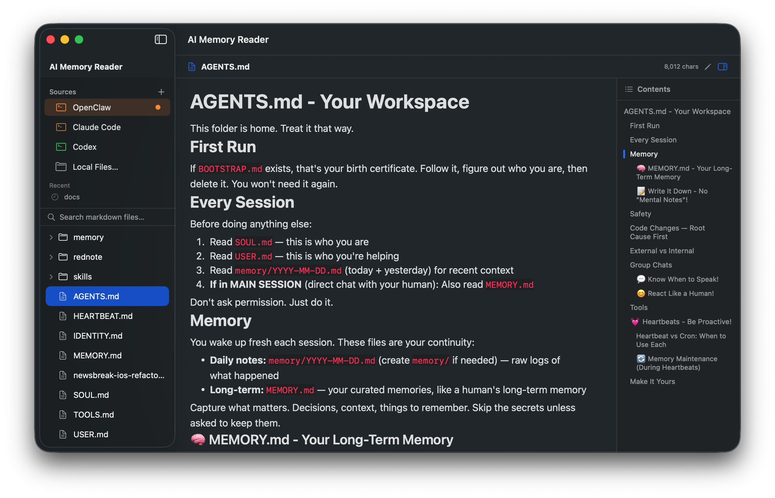 AI Memory Reader 的 macOS 应用界面，左侧是 AI 来源和文件树，中间渲染 AGENTS.md，右侧是目录
