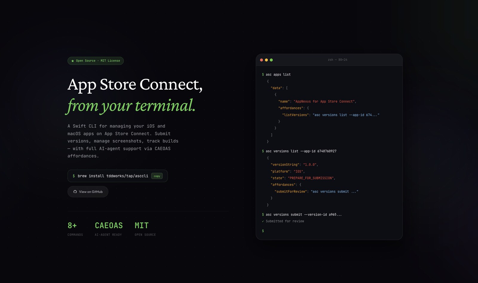 asc-cli App Store Connect 终端界面