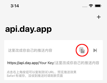 Bark App 中 api.day.app 测试 URL 和推送预览界面