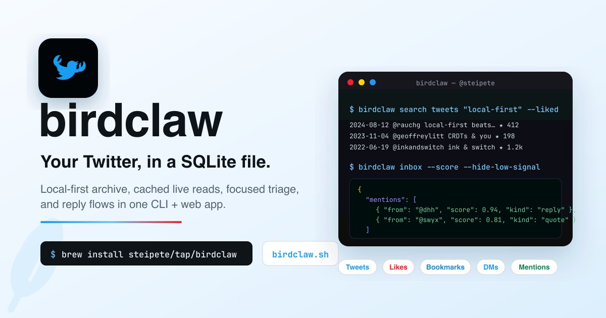 birdclaw 项目视觉与命令行示例