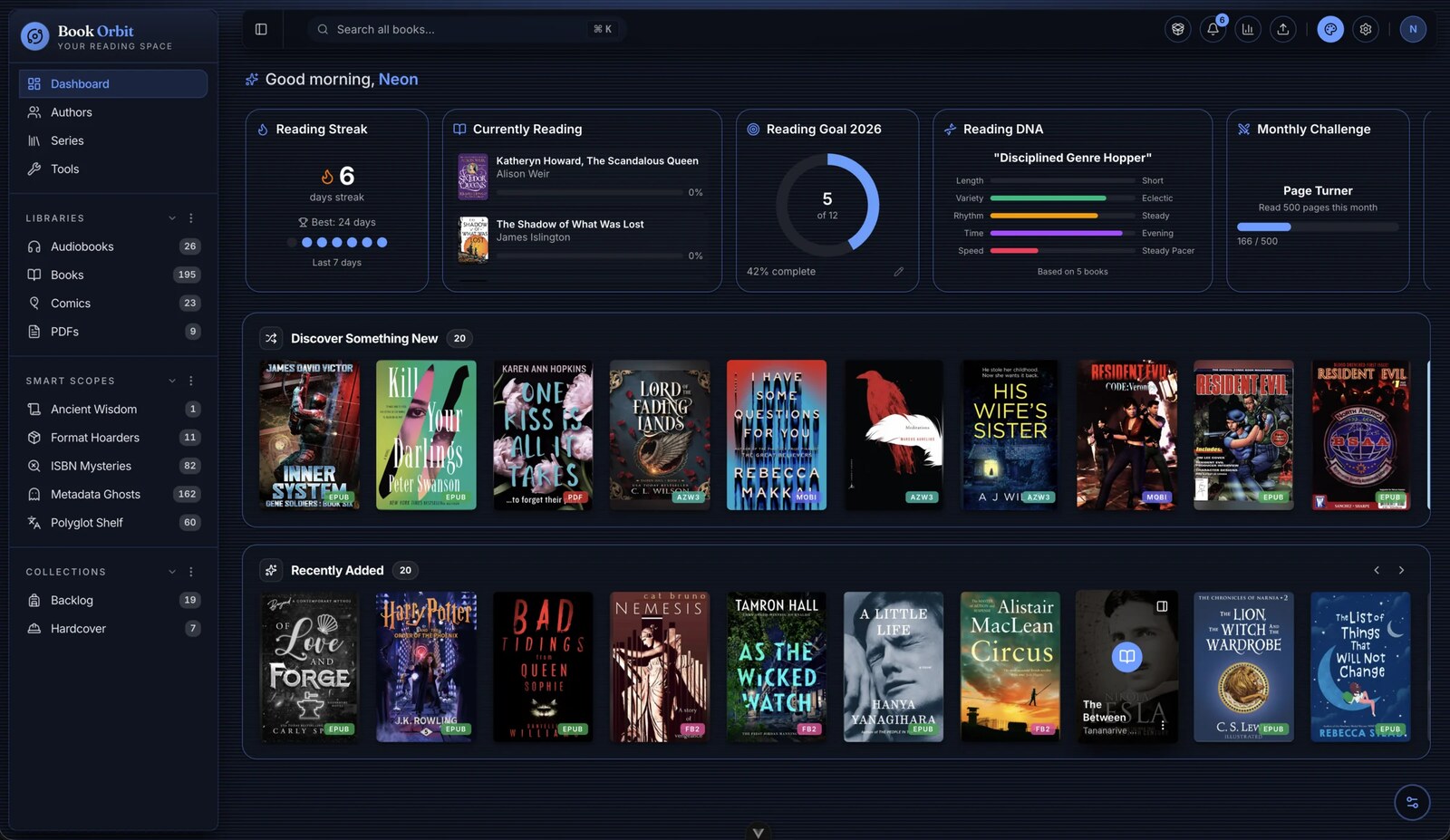 BookOrbit 自托管阅读平台的 Dashboard 界面