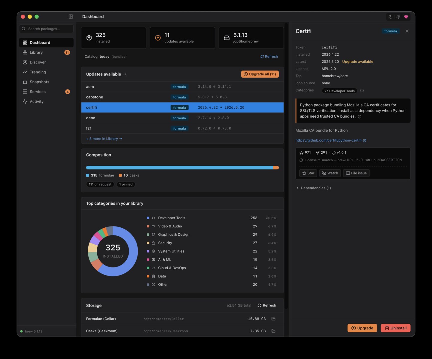brew-browser 的 Dashboard 界面