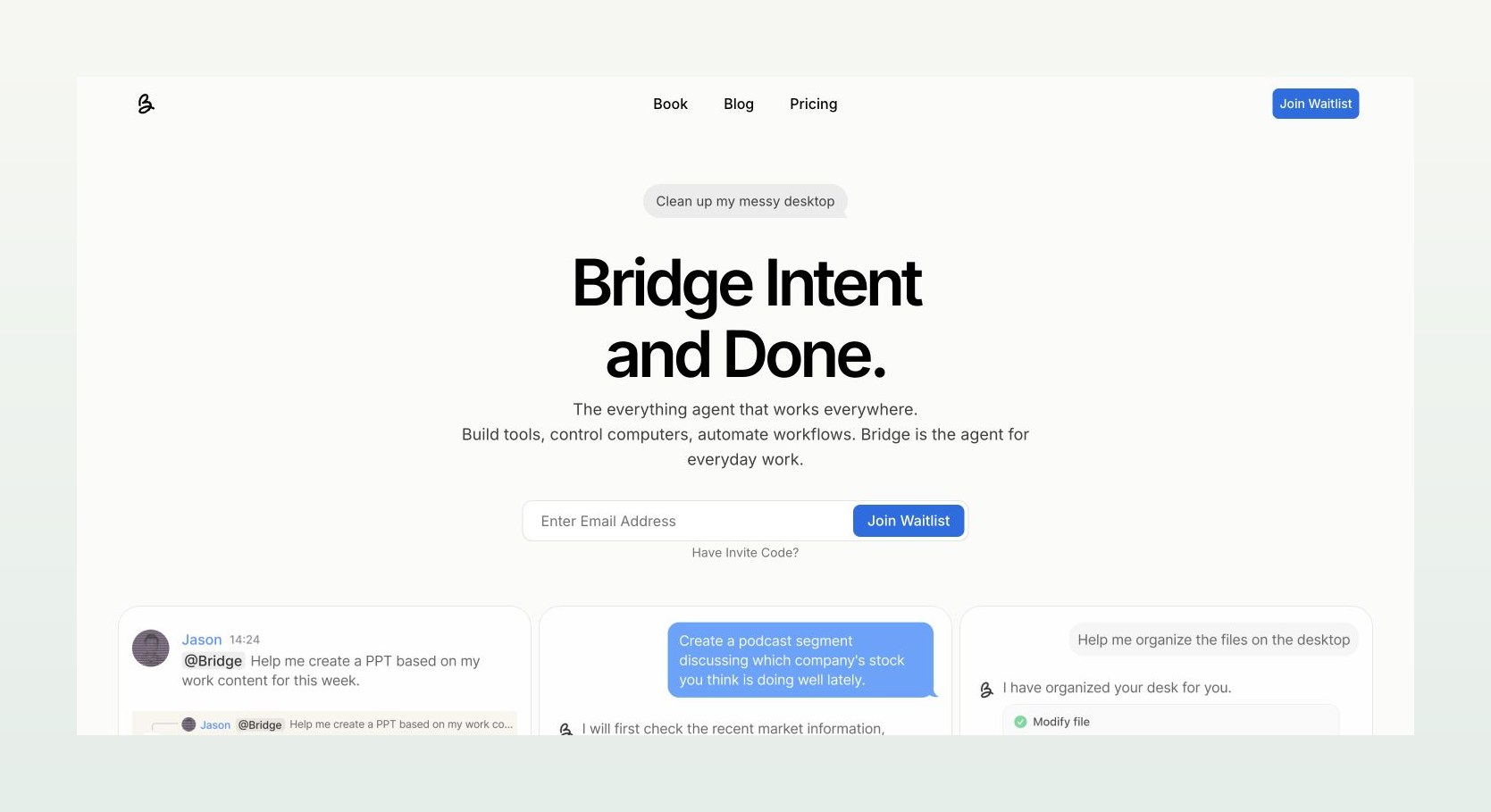 Bridge 官网首屏，展示 Bridge Intent and Done 的产品定位