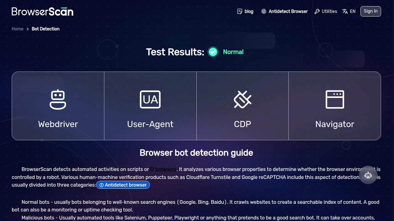 CloakBrowser 在 BrowserScan bot detection 测试中显示 Normal 结果