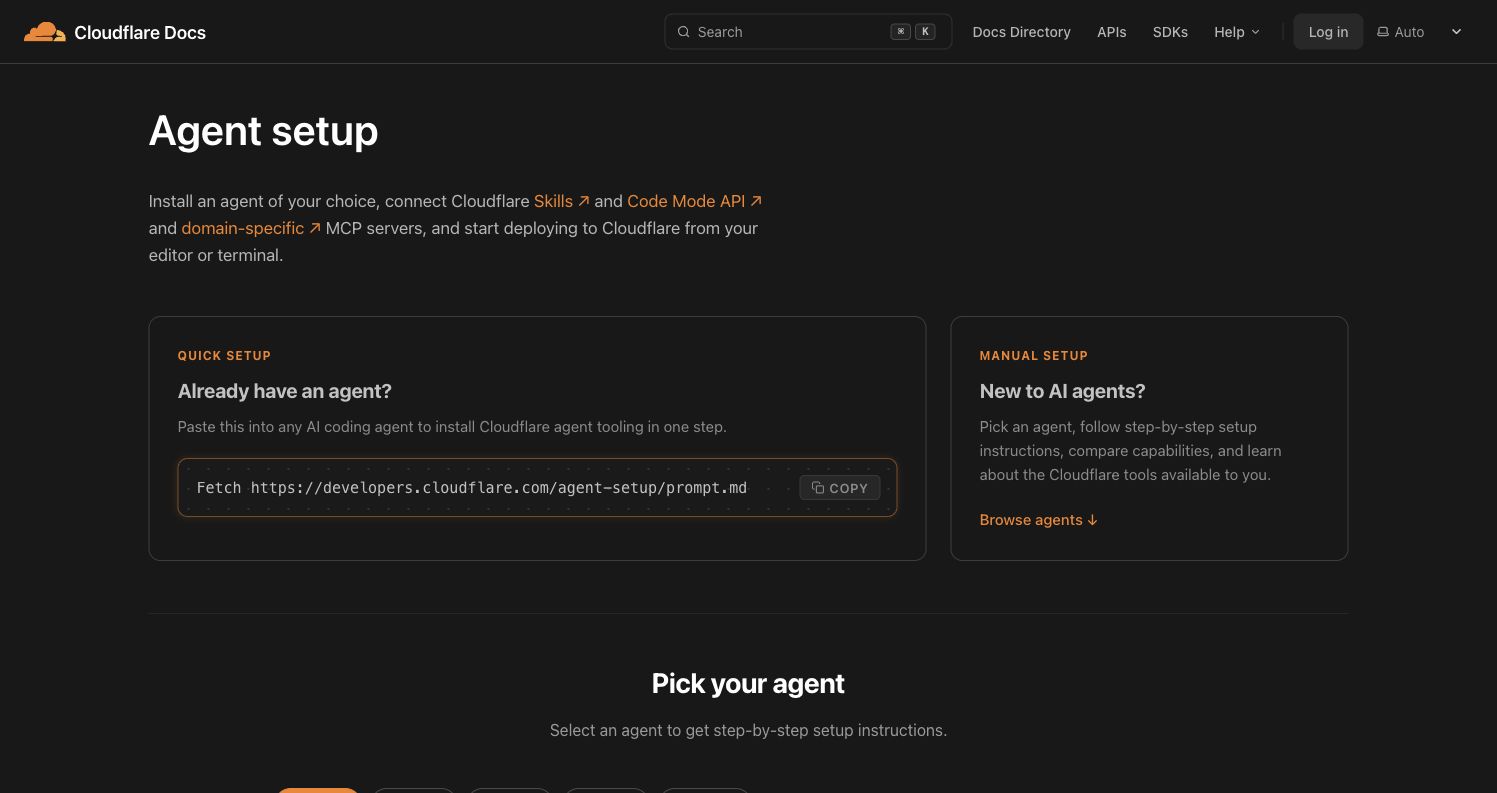 「Cloudflare Agent Setup」官方 AI Agent 接入指南：一键装好 Skills、Code Mode API 和 MCP