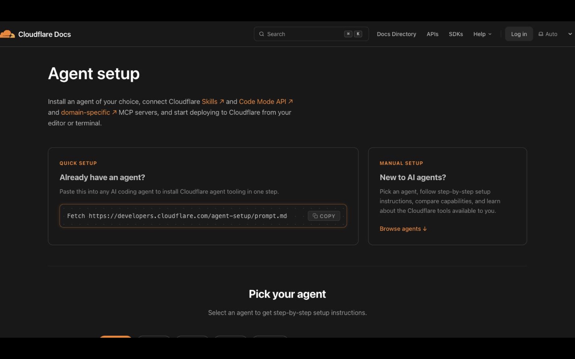 「Cloudflare Agent Setup」官方 AI Agent 接入指南：一键装好 Skills、Code Mode API 和 MCP