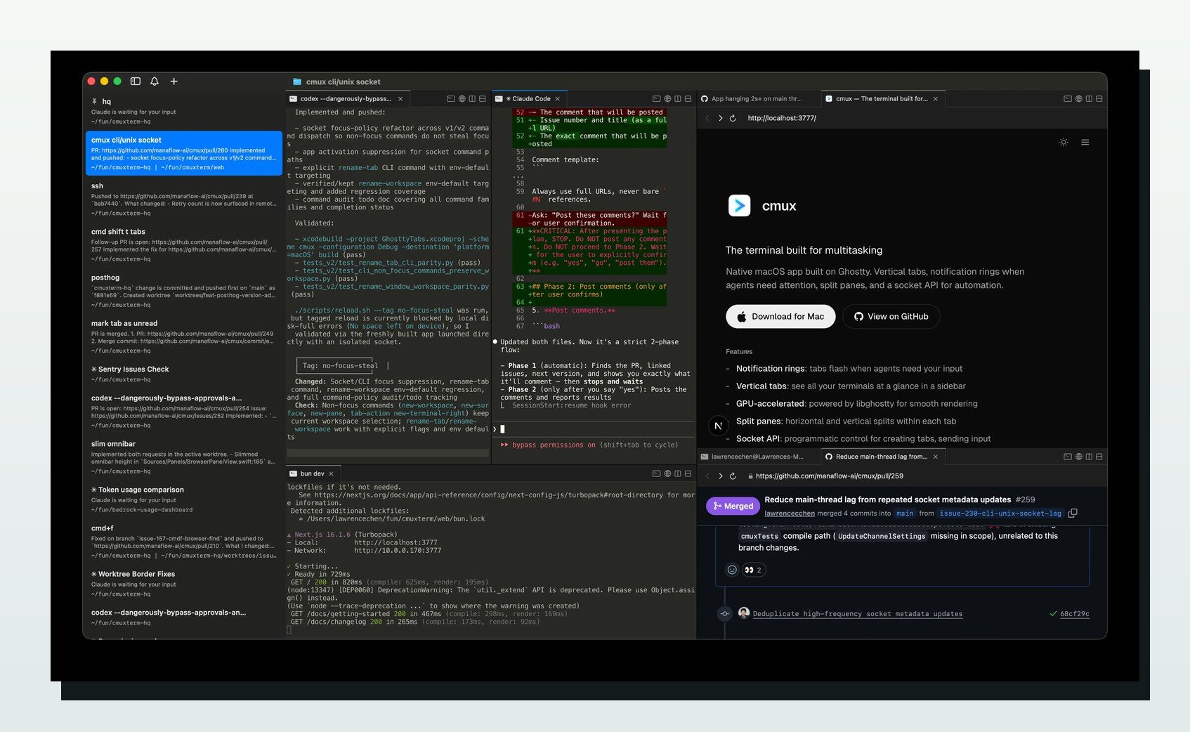 cmux 官方截图，展示多终端、侧边栏和内置浏览器工作台
