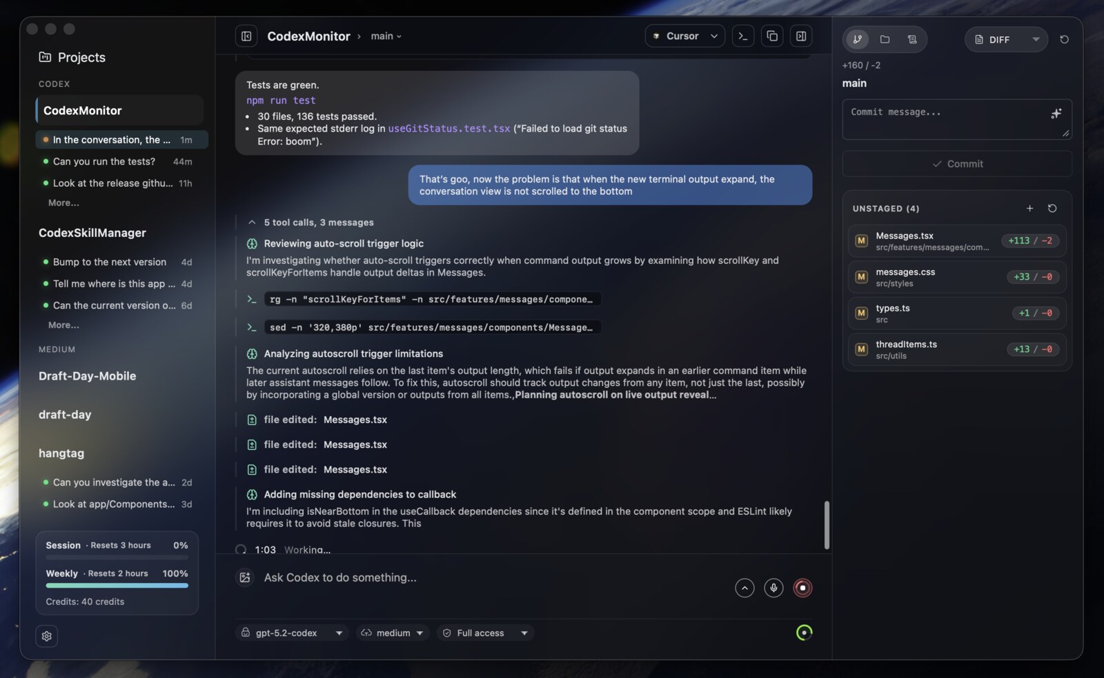 CodexMonitor 桌面应用界面，展示 Codex 线程、运行状态和 Git diff 面板