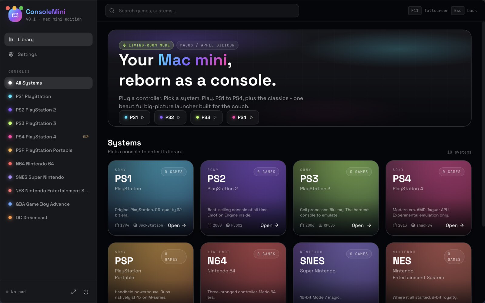 ConsoleMini 客厅模式游戏库界面