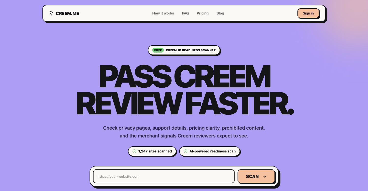 「Creem.me」提交 Creem.io 前先自查：隐私页、条款、客服、定价和违禁风险一次扫