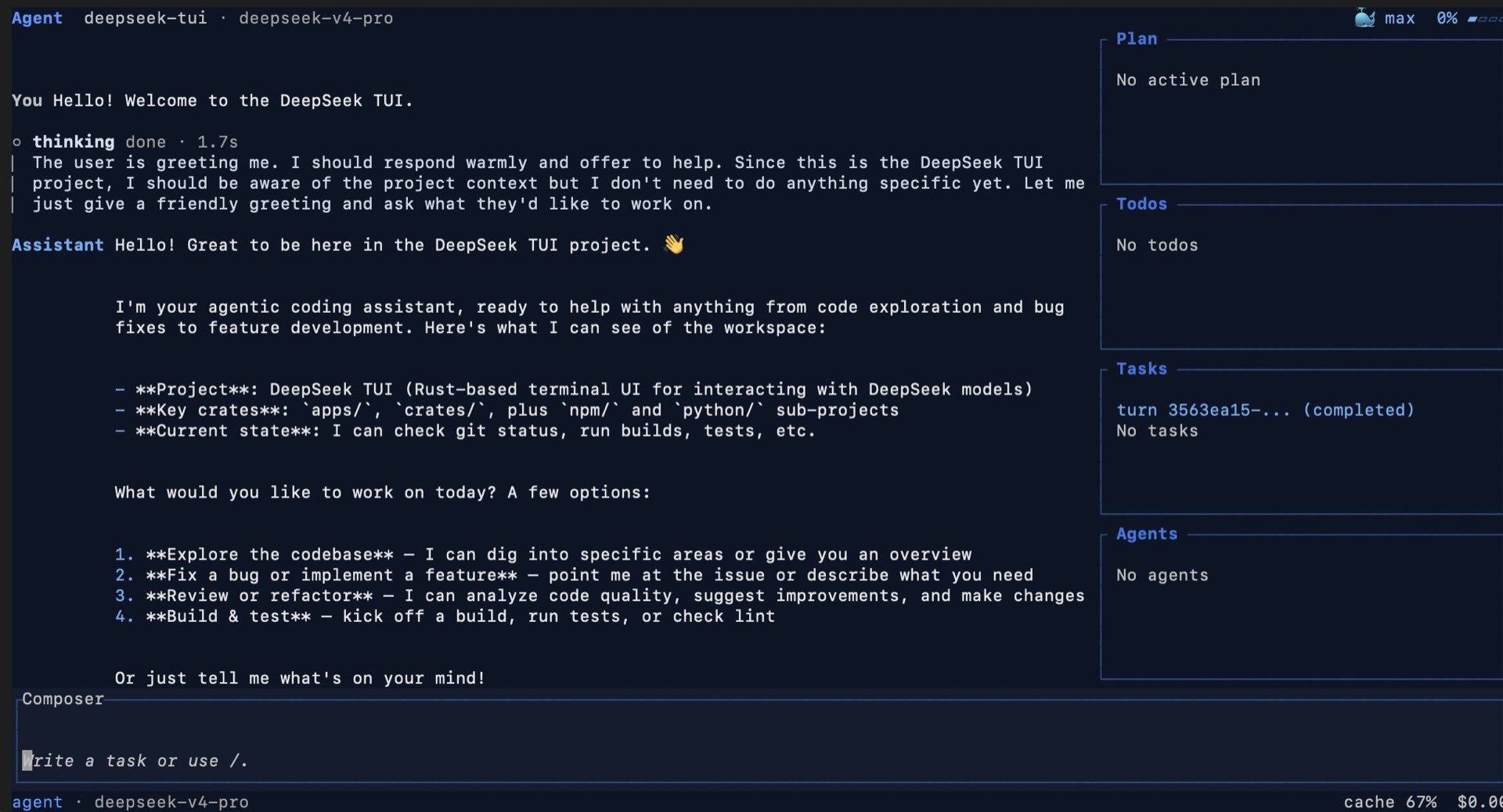 「DeepSeek TUI」终端里的 DeepSeek V4 Coding Agent：工具调用、子代理和 1M 上下文