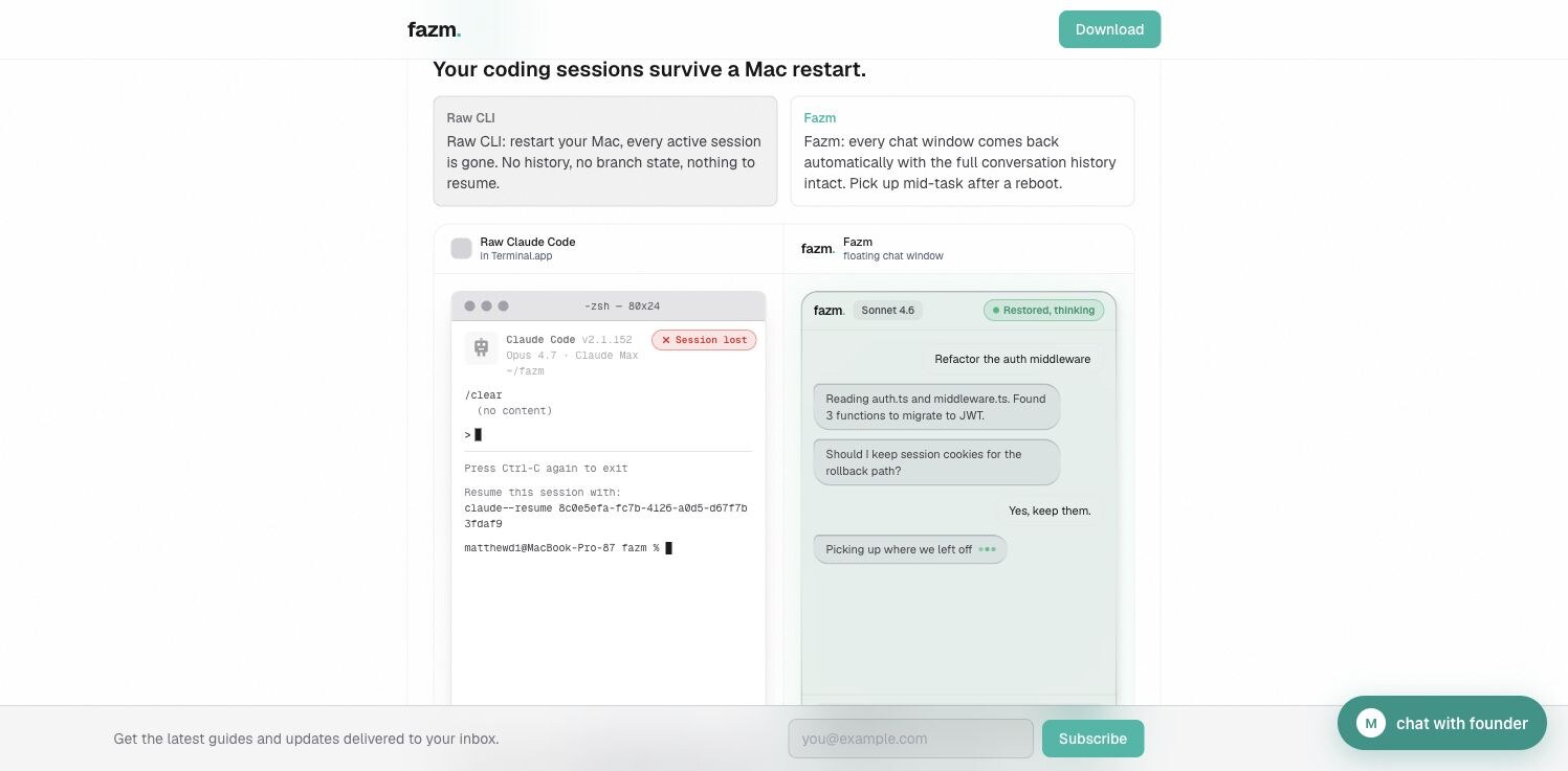 Fazm macOS Agent 会话恢复界面演示
