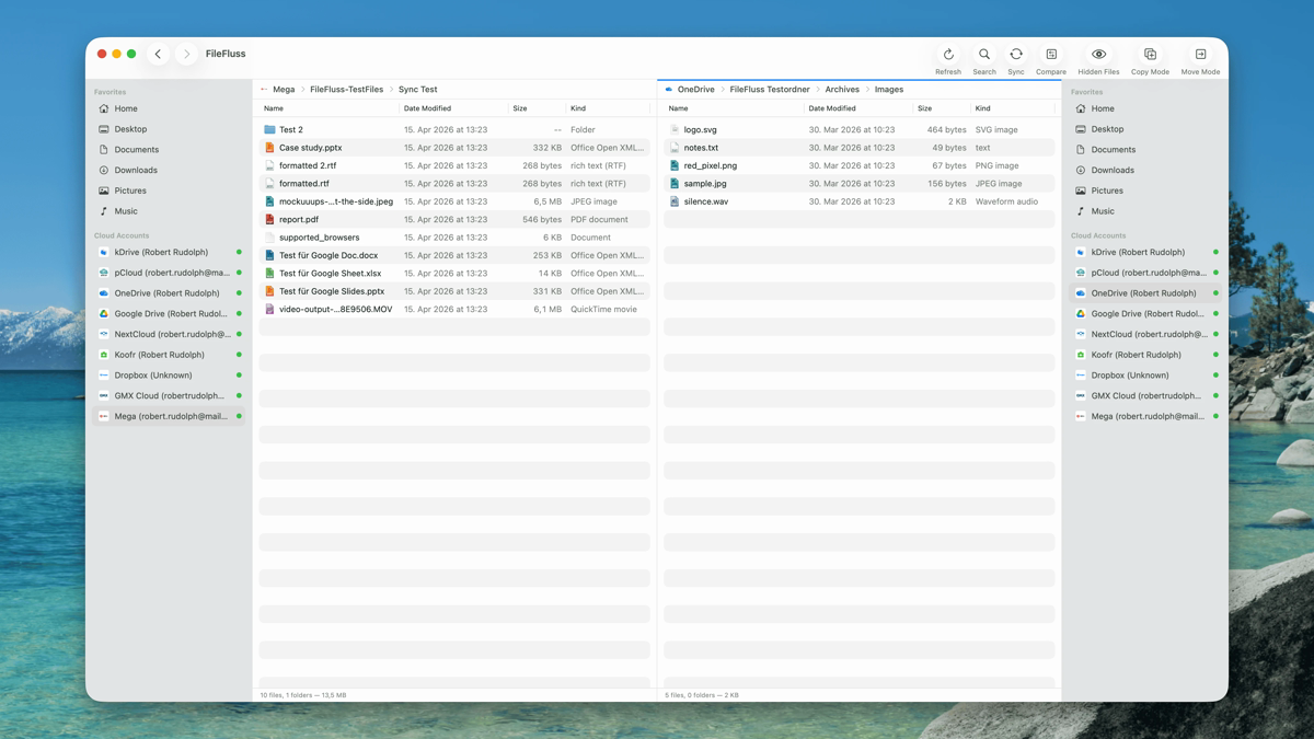 「FileFluss」macOS 双栏文件管理器：在本地硬盘和多云盘之间复制、同步、比较