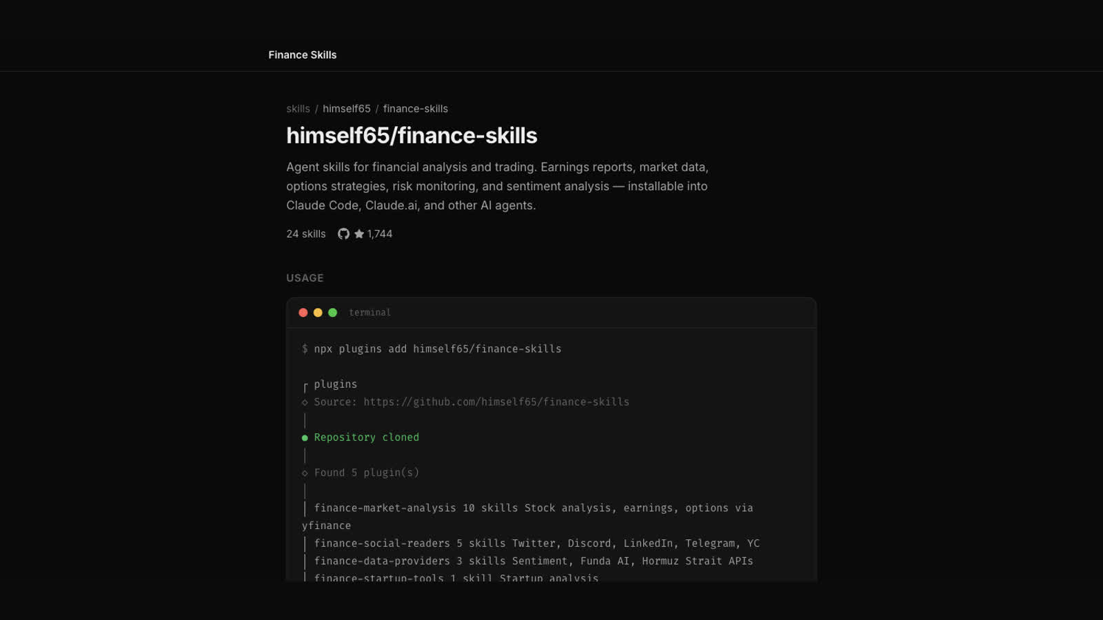 「Finance Skills」给 AI Agent 用的金融分析与交易技能包