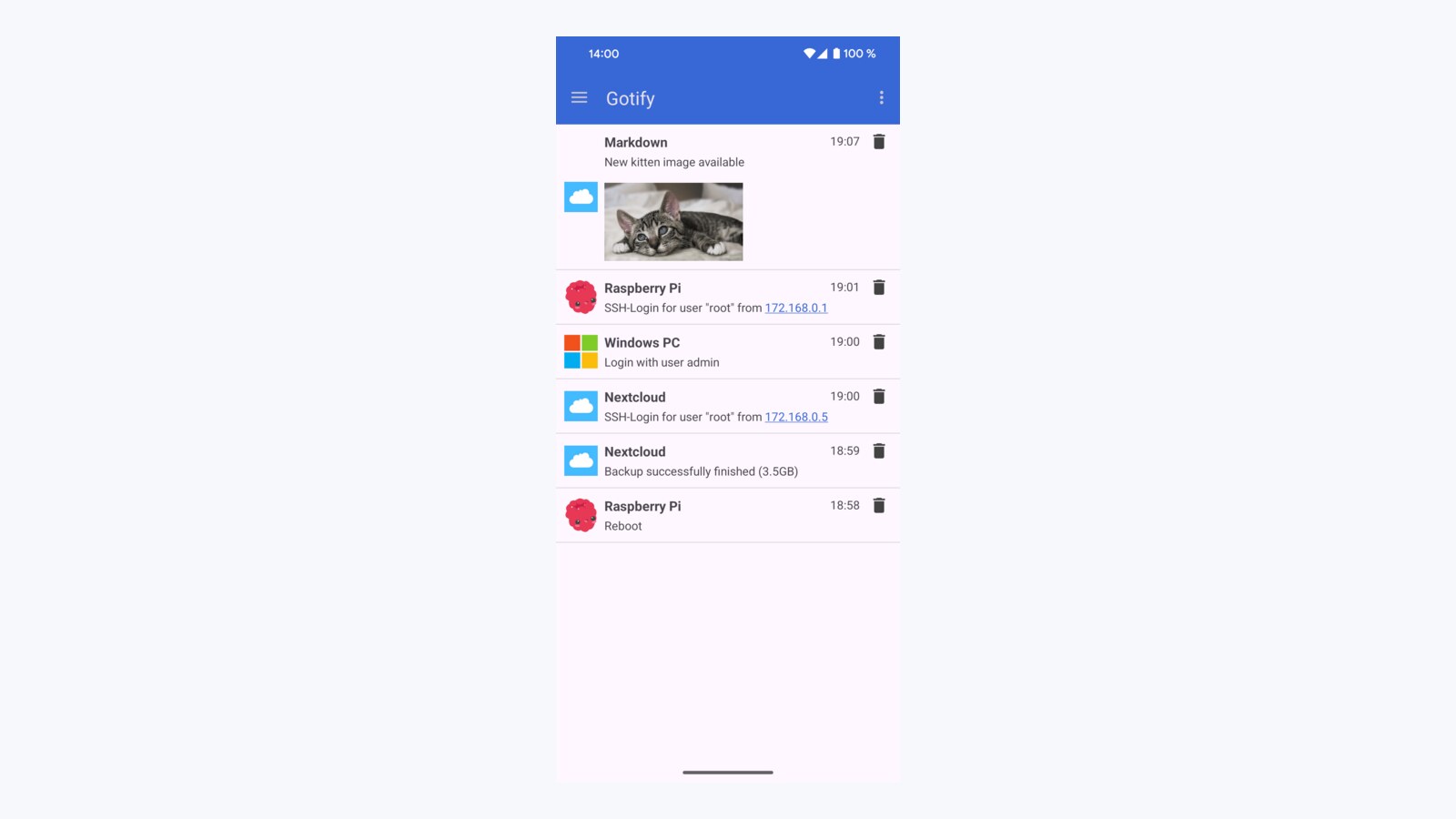 Gotify Android 消息列表界面