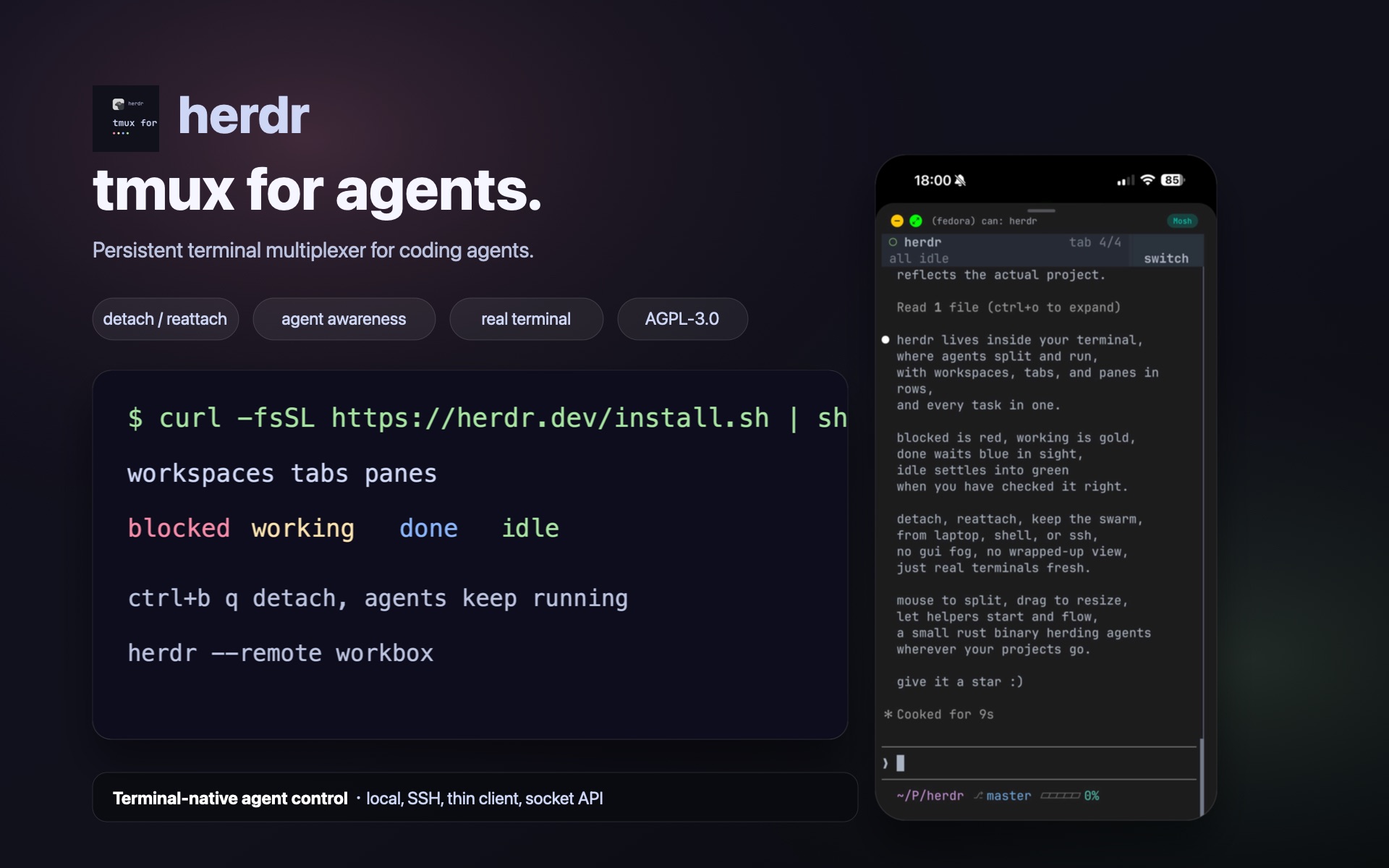 「herdr」终端里的 Agent 版 tmux：让 Claude Code、Codex 等任务持续运行、随时接回