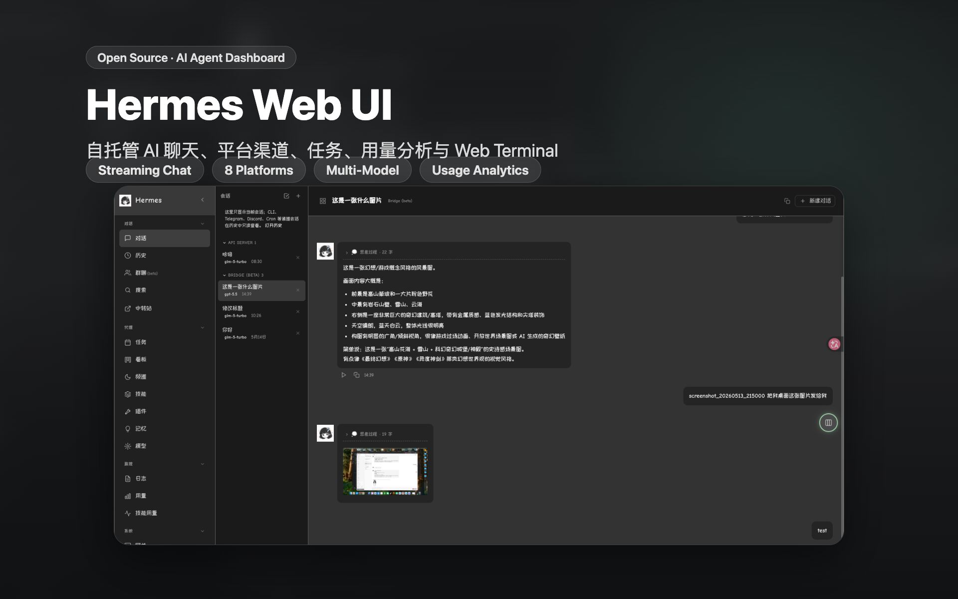 「Hermes Web UI」自托管 AI Agent 仪表盘：聊天、渠道、任务和用量分析放进一个界面
