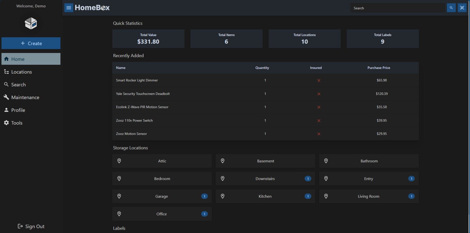 HomeBox 家庭库存管理 dashboard