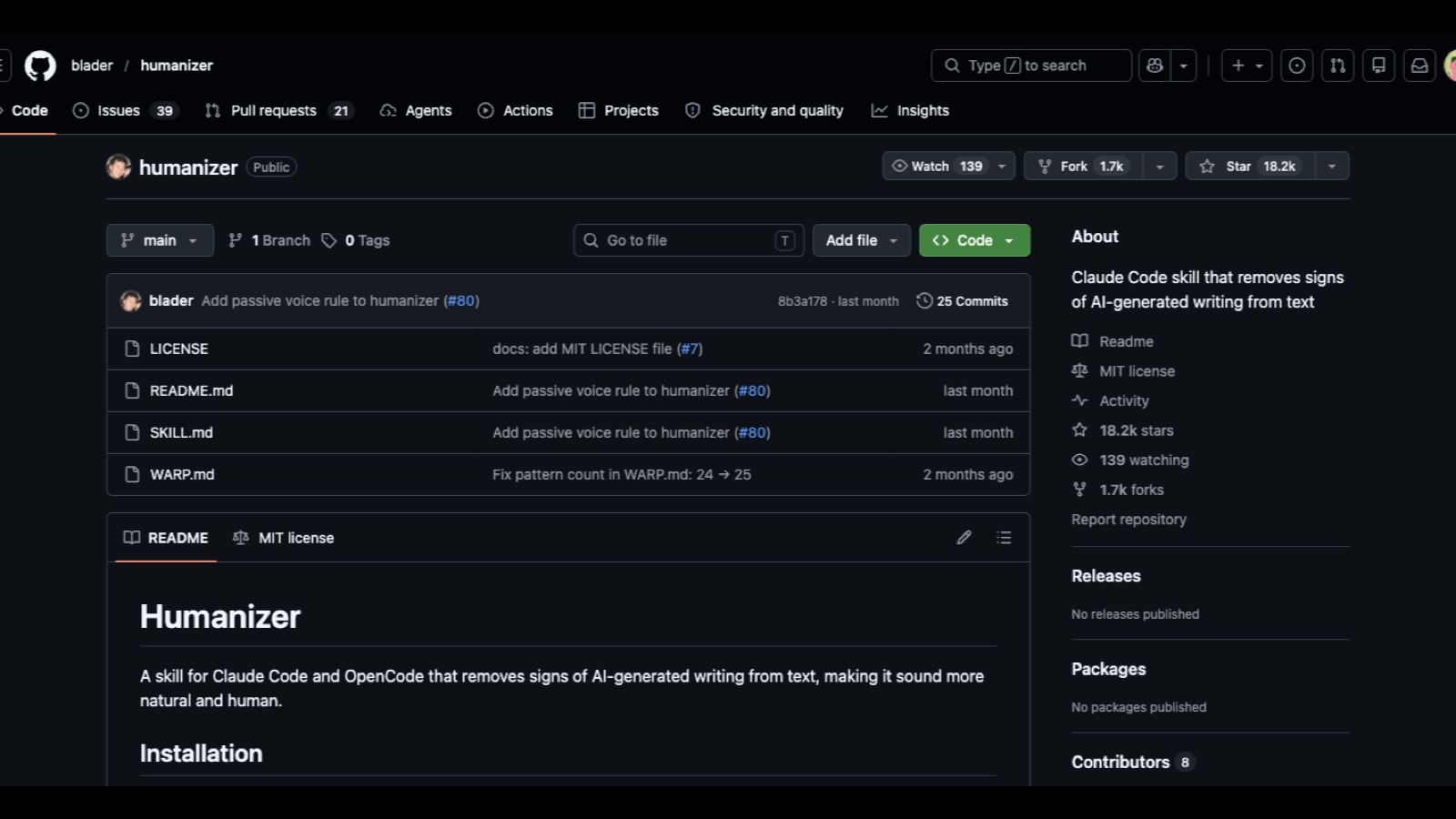 Humanizer GitHub README preview