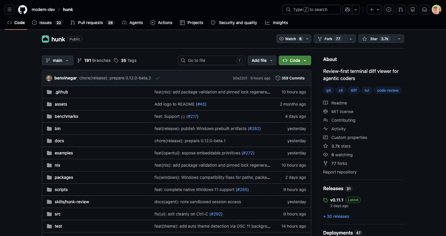 Hunk GitHub 项目页面