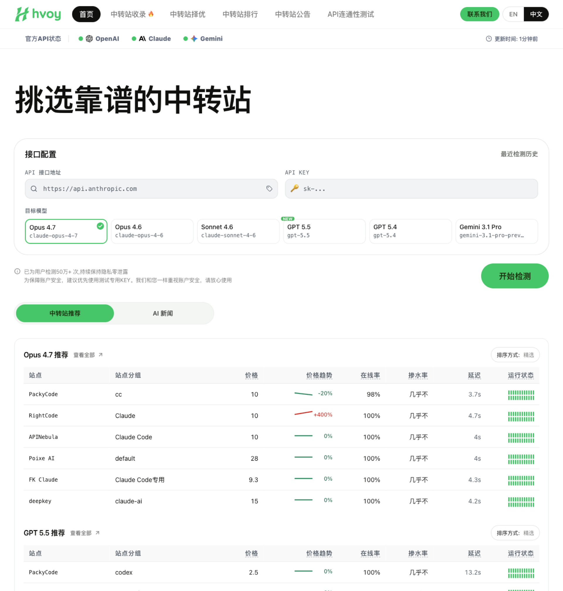 禾维 AI API 中转站检测与排行