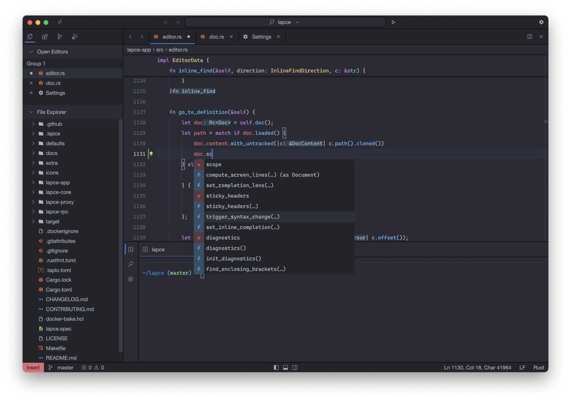 「Lapce」Rust 写的开源代码编辑器：原生 UI、远程开发、LSP 和 WASI 插件