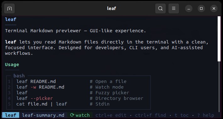 Leaf terminal Markdown preview