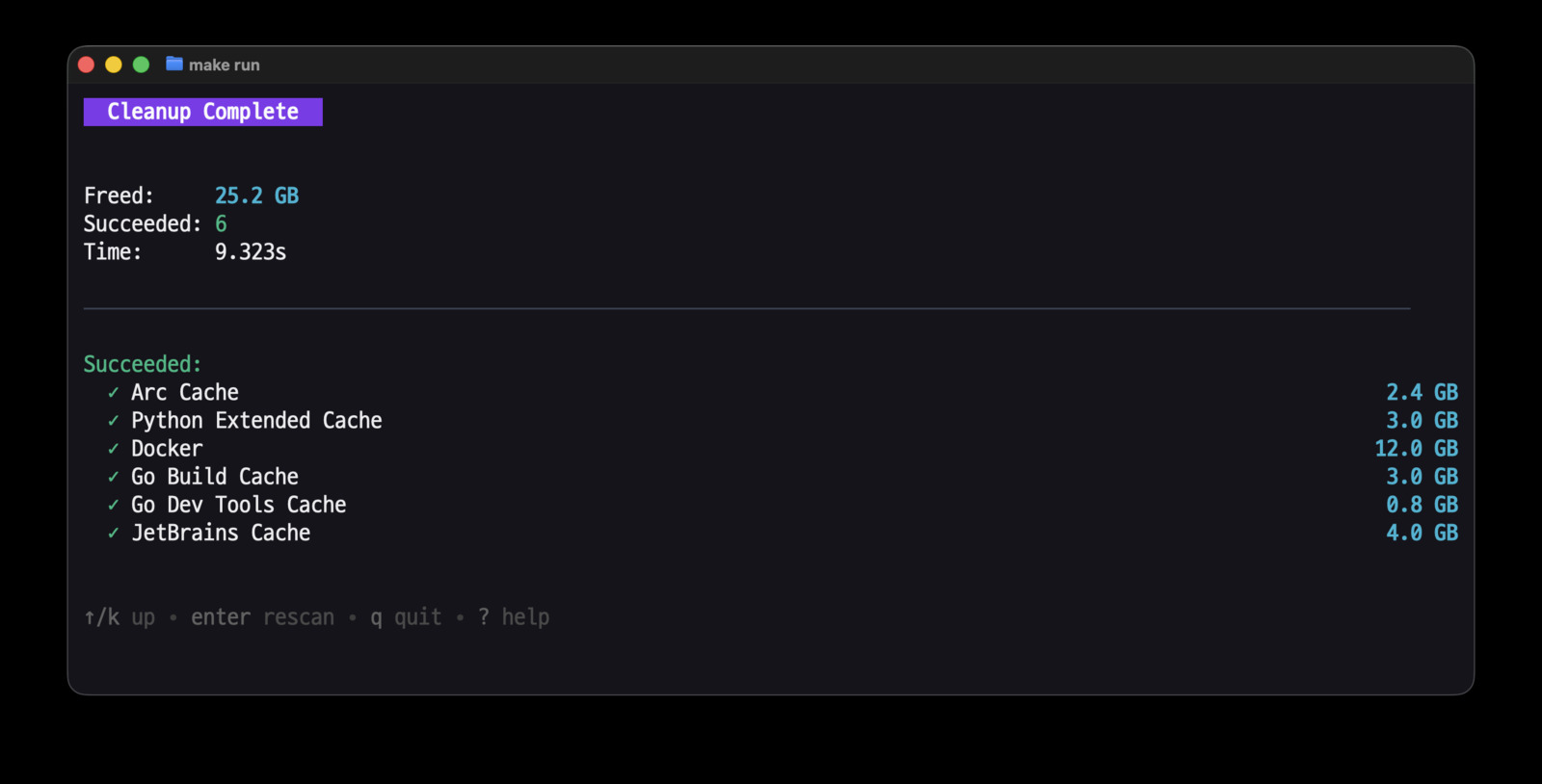 mac-cleanup-go 清理结果界面