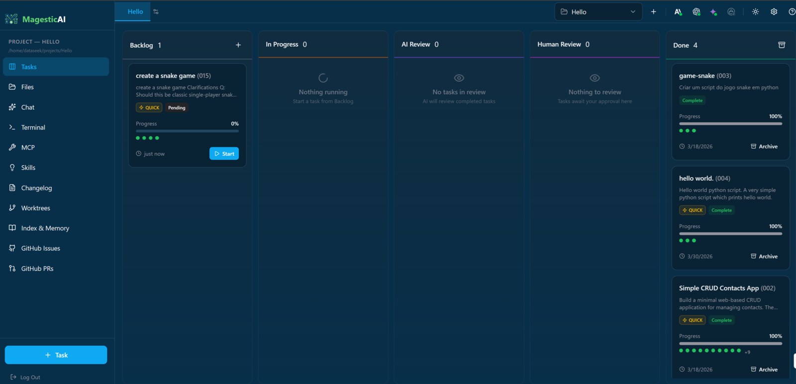 MagesticAI 的浏览器 Kanban 任务看板界面