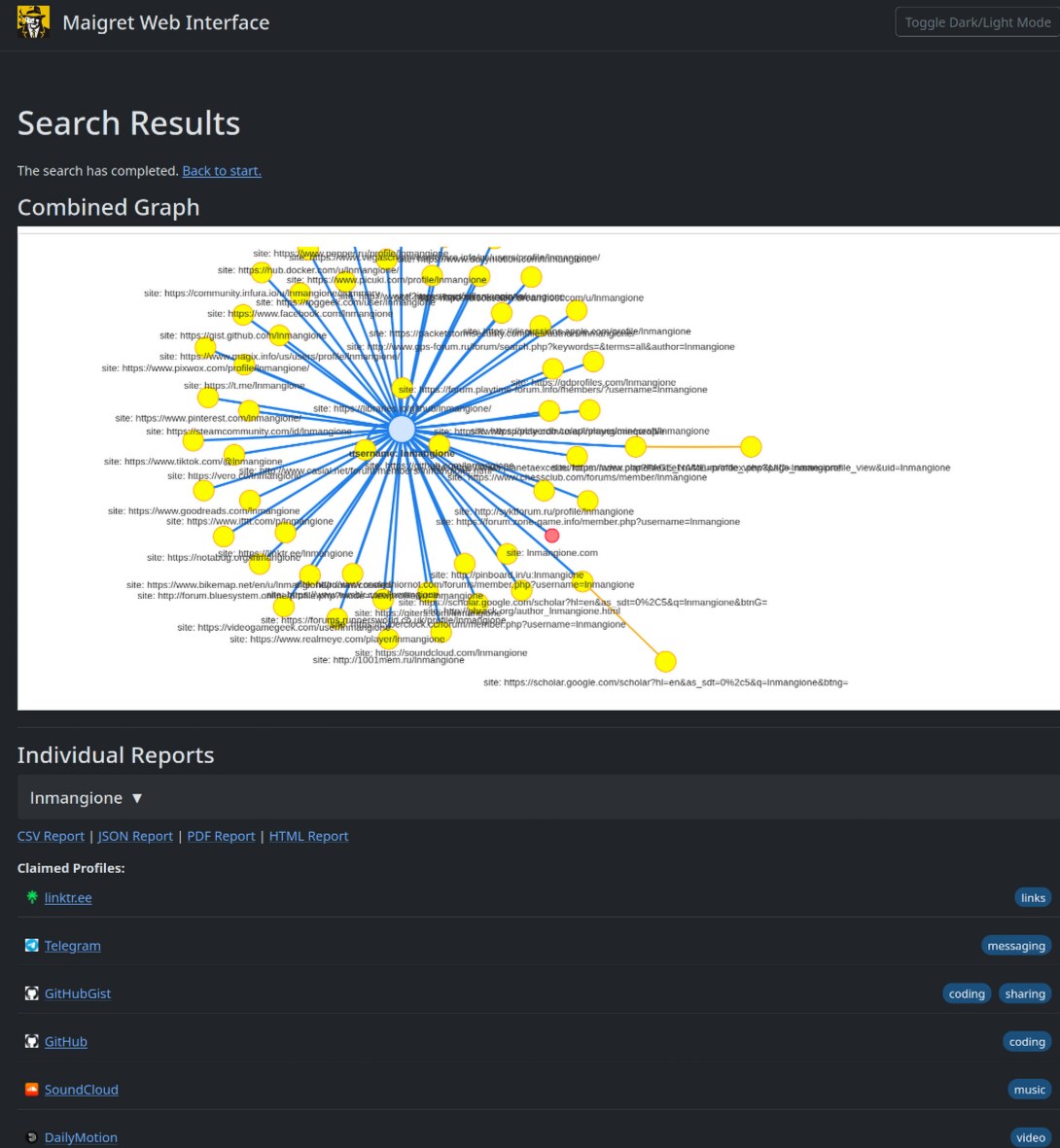 Maigret Web Interface 搜索结果截图