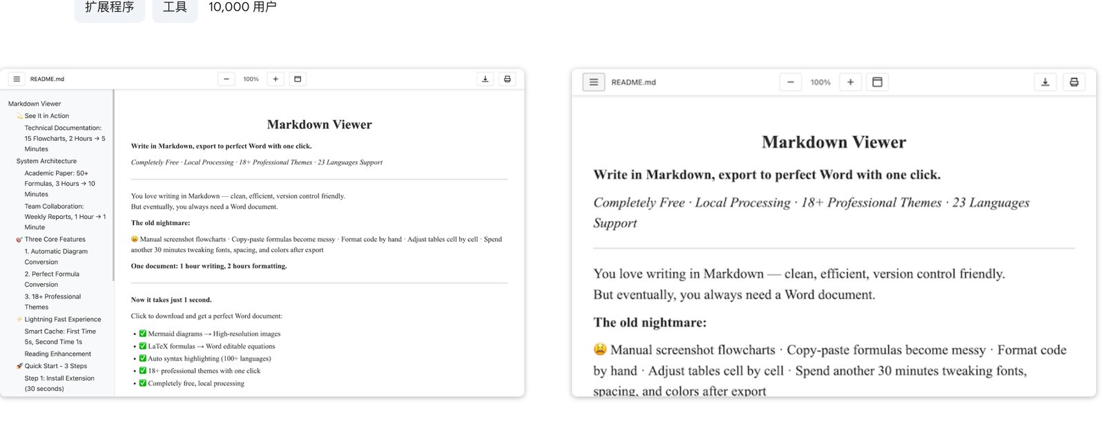Markdown Viewer 在 Chrome Web Store 中展示的预览截图