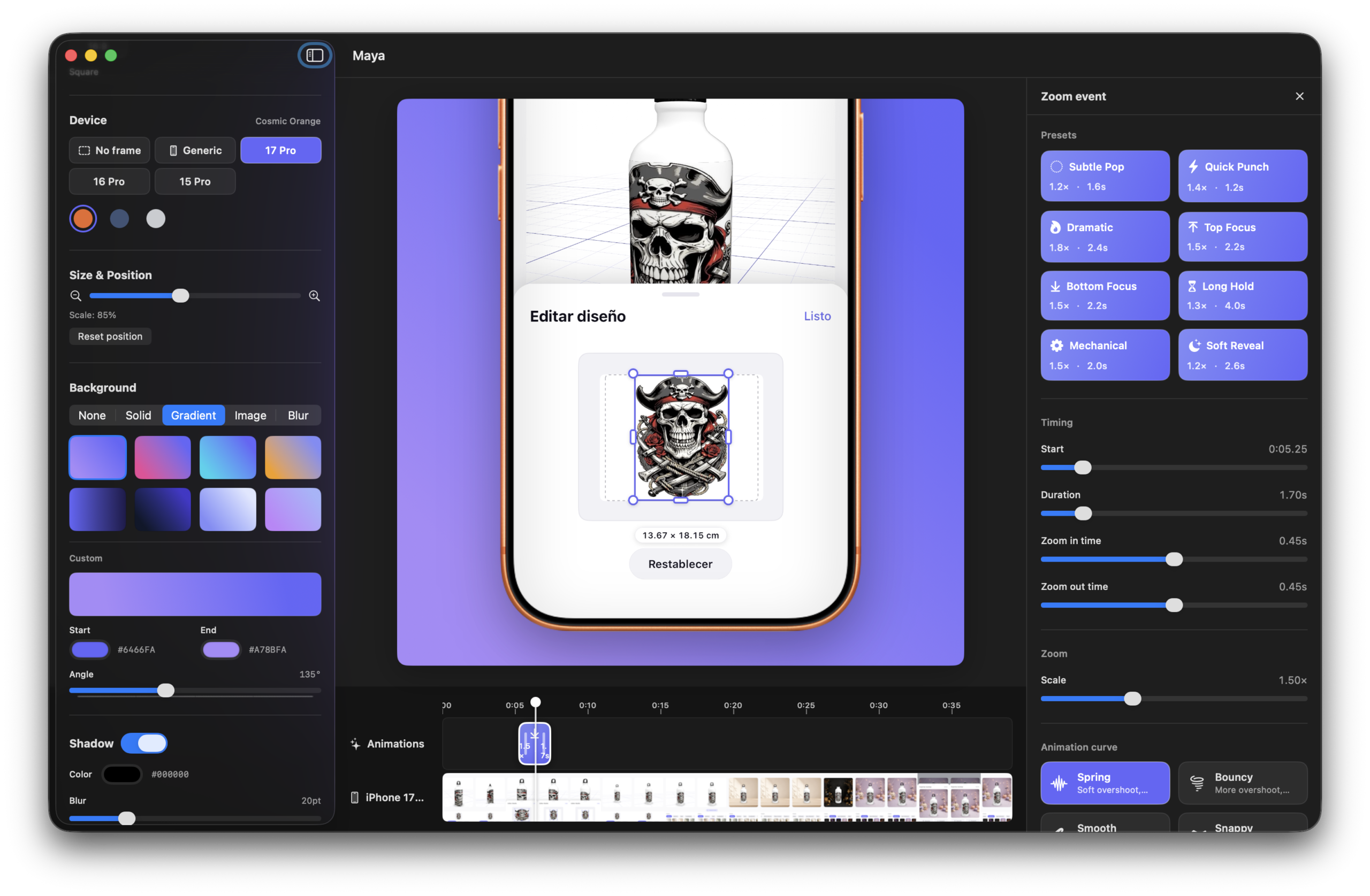 Maya 的 iPhone 录屏设备框和时间线编辑界面