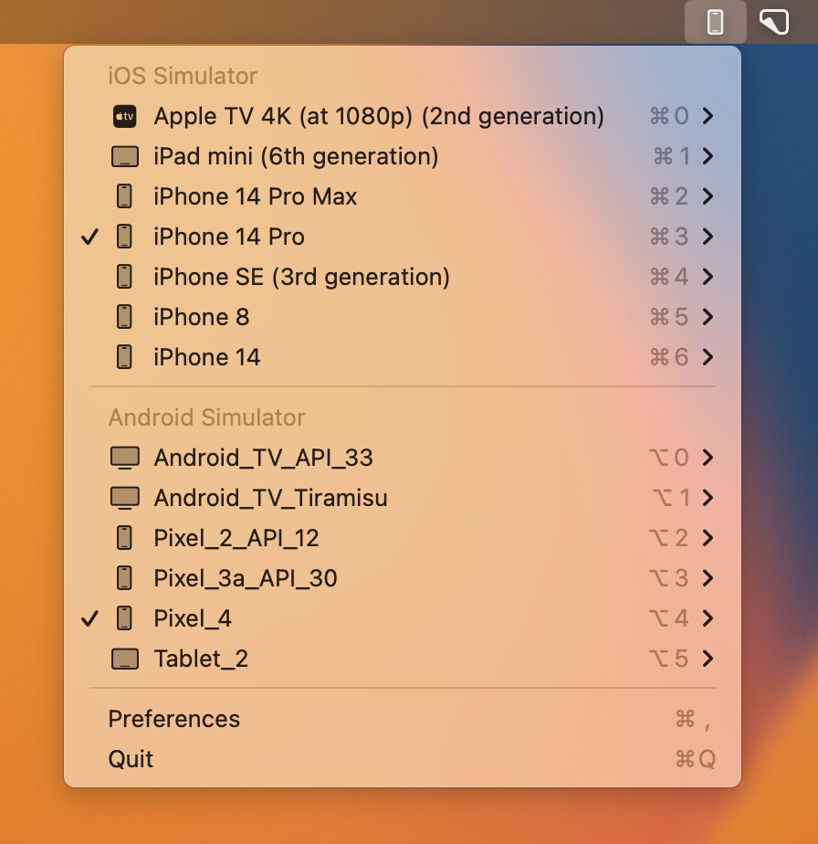 MiniSim 在 macOS 菜单栏中展示 iOS Simulator 和 Android Emulator 设备列表