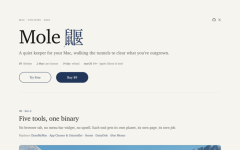 「Mole」安静的 Mac 清理工具：清理、卸载、优化、磁盘分析和状态监控