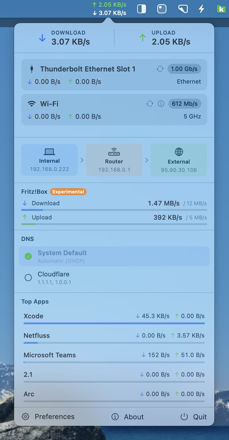 NetFluss 的 macOS 菜单栏网络监控弹窗