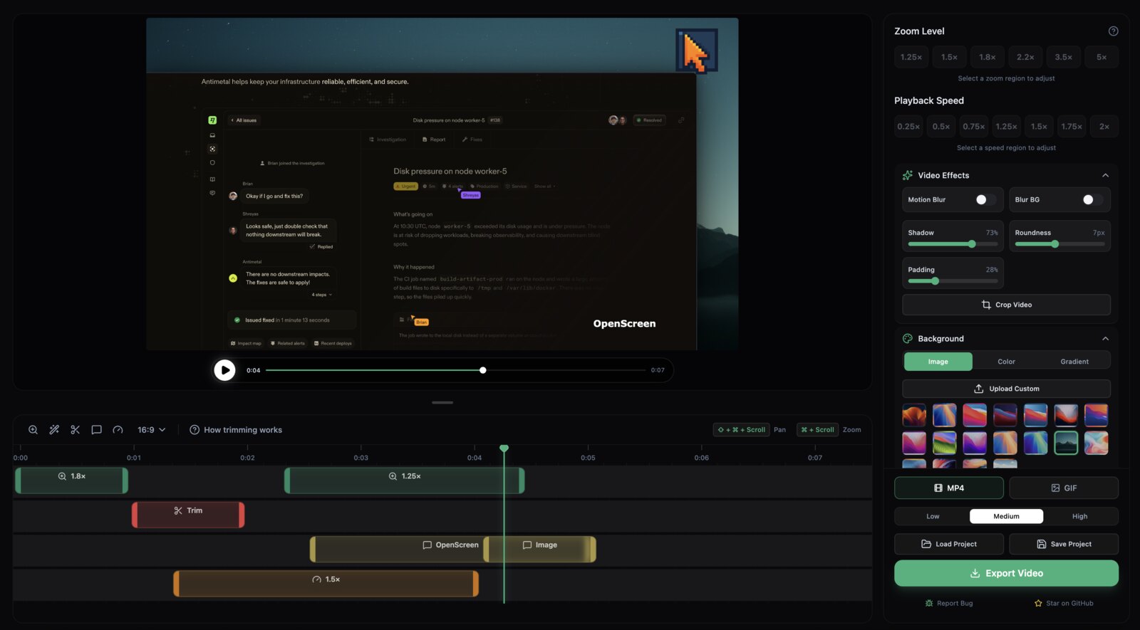 OpenScreen 的录屏编辑器界面