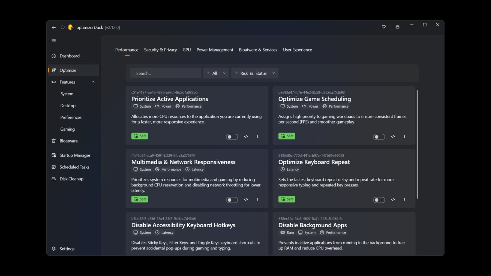 optimizerDuck Windows 优化工具界面
