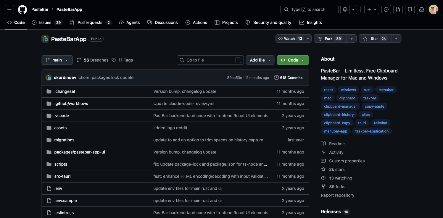 PasteBar GitHub 项目页面