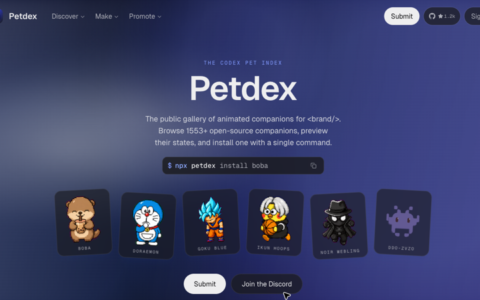 「Petdex」Codex 动态宠物图鉴：1553+ 个开源伴侣，一条命令安装