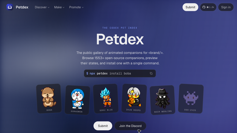 「Petdex」Codex 动态宠物图鉴：1553+ 个开源伴侣，一条命令安装