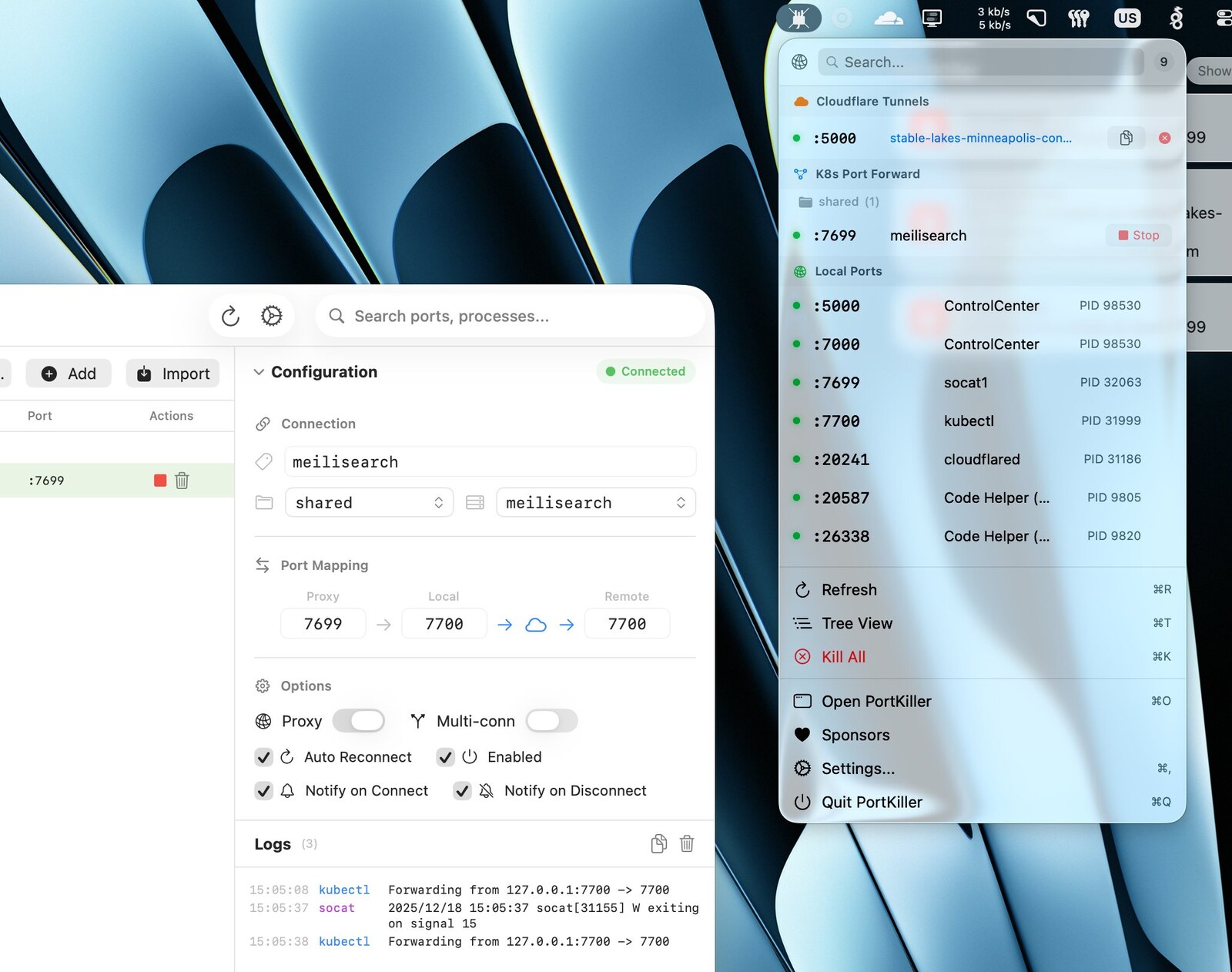 PortKiller 的 macOS 端口管理界面
