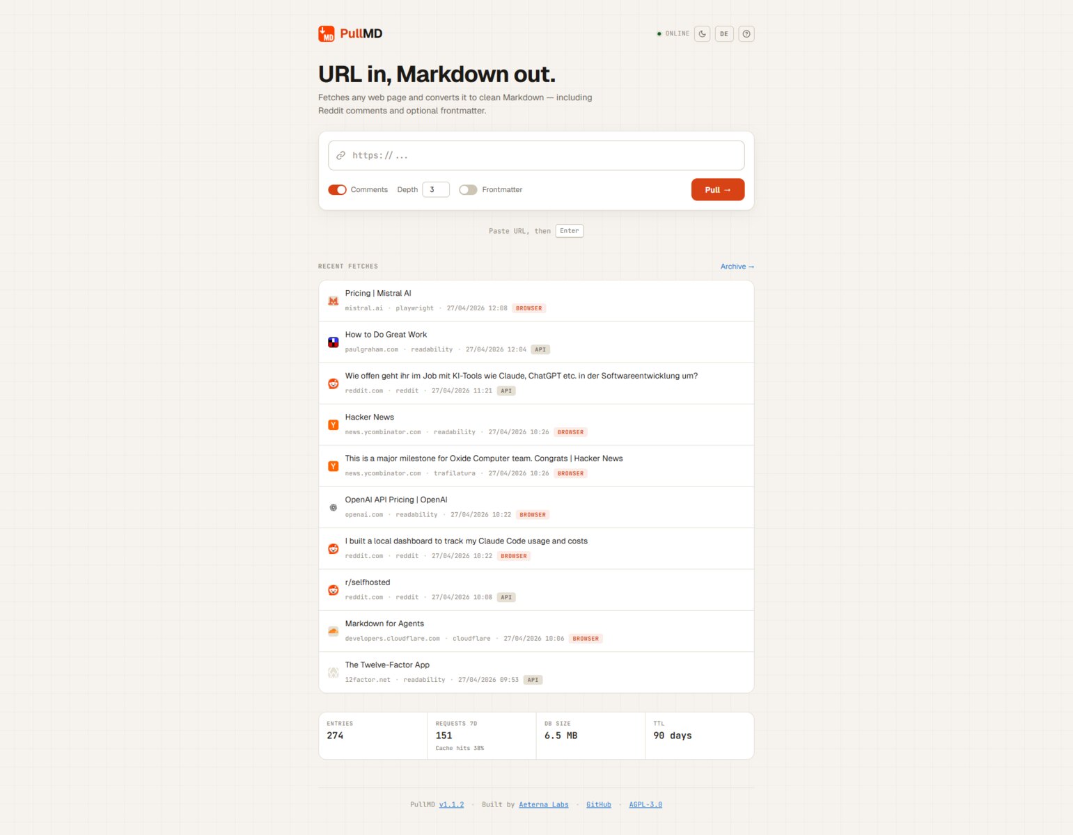 PullMD 的 URL 转 Markdown Web 界面