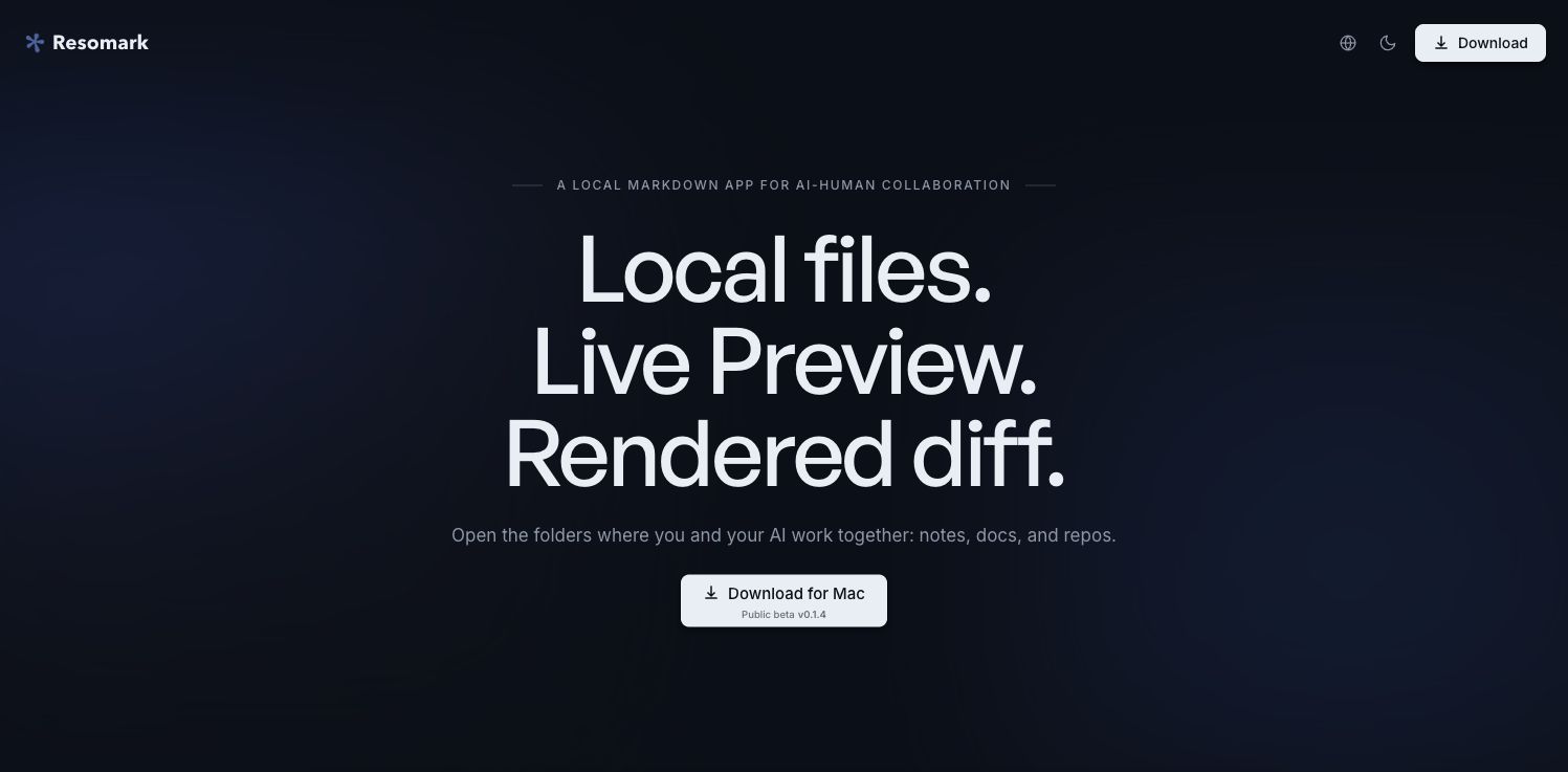 「Resomark」给 AI 协作准备的本地 Markdown 工作台,原文编辑、实时渲染、差异审阅